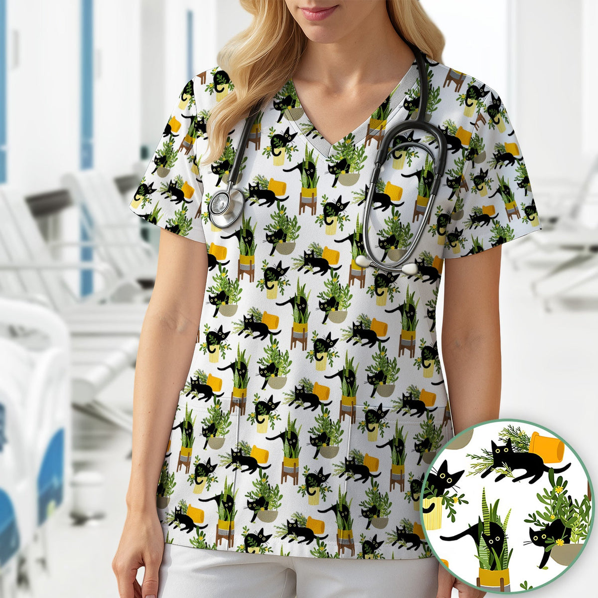 Black Cat Plant Pots Nurse Scrub Top