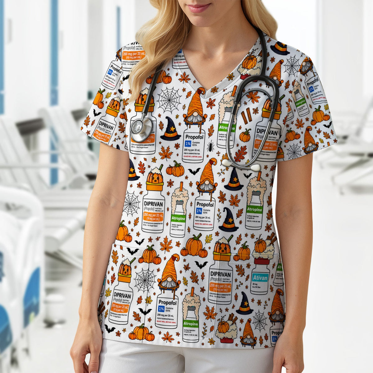 Witch Hat Pumpkin Nurse Scrub Top - Halloween Gift