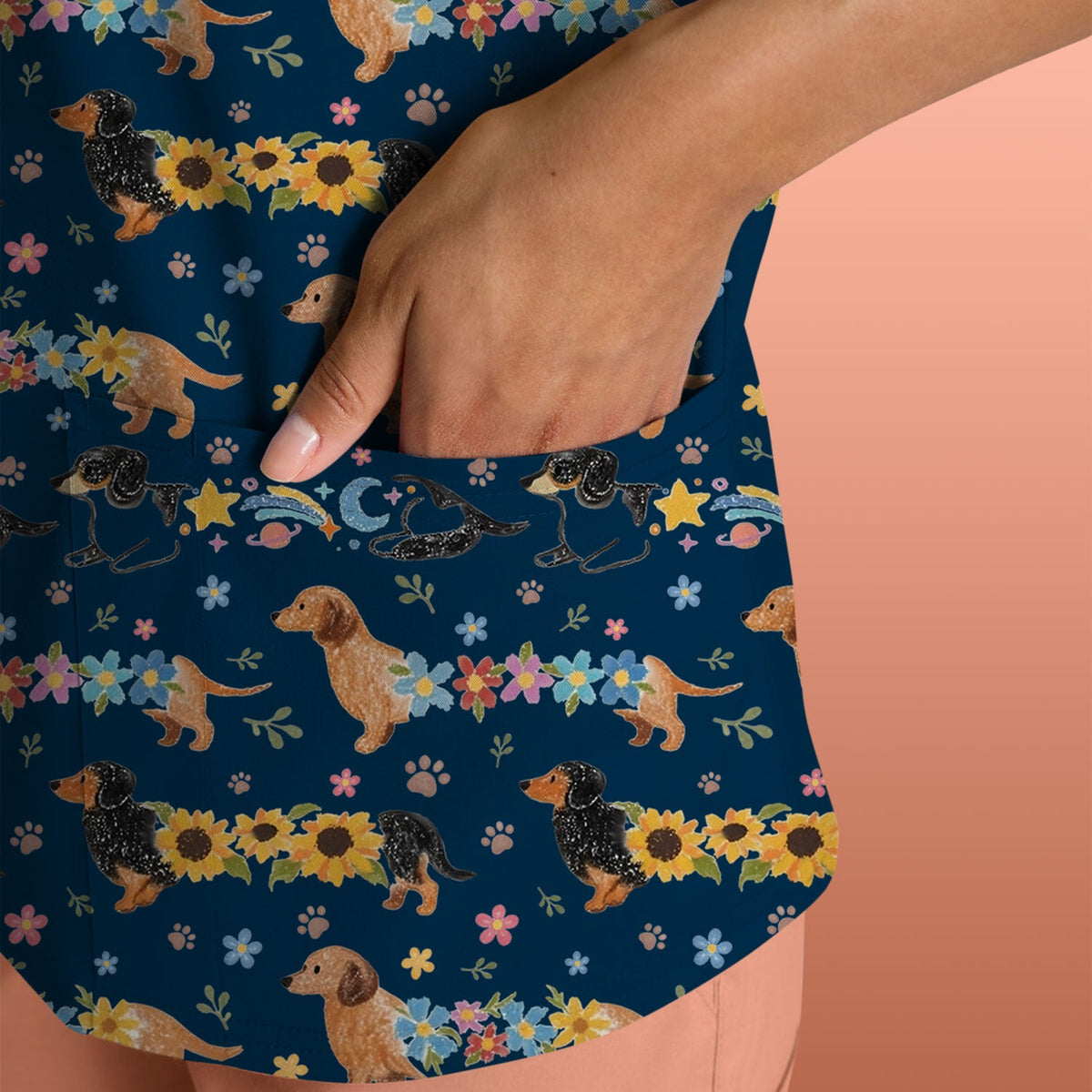 Floral Wiener Dog Nurse Scrub Top