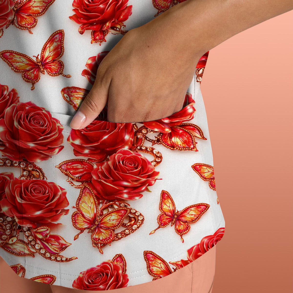 Red Rose And Butterfly Nurse Scrub Top