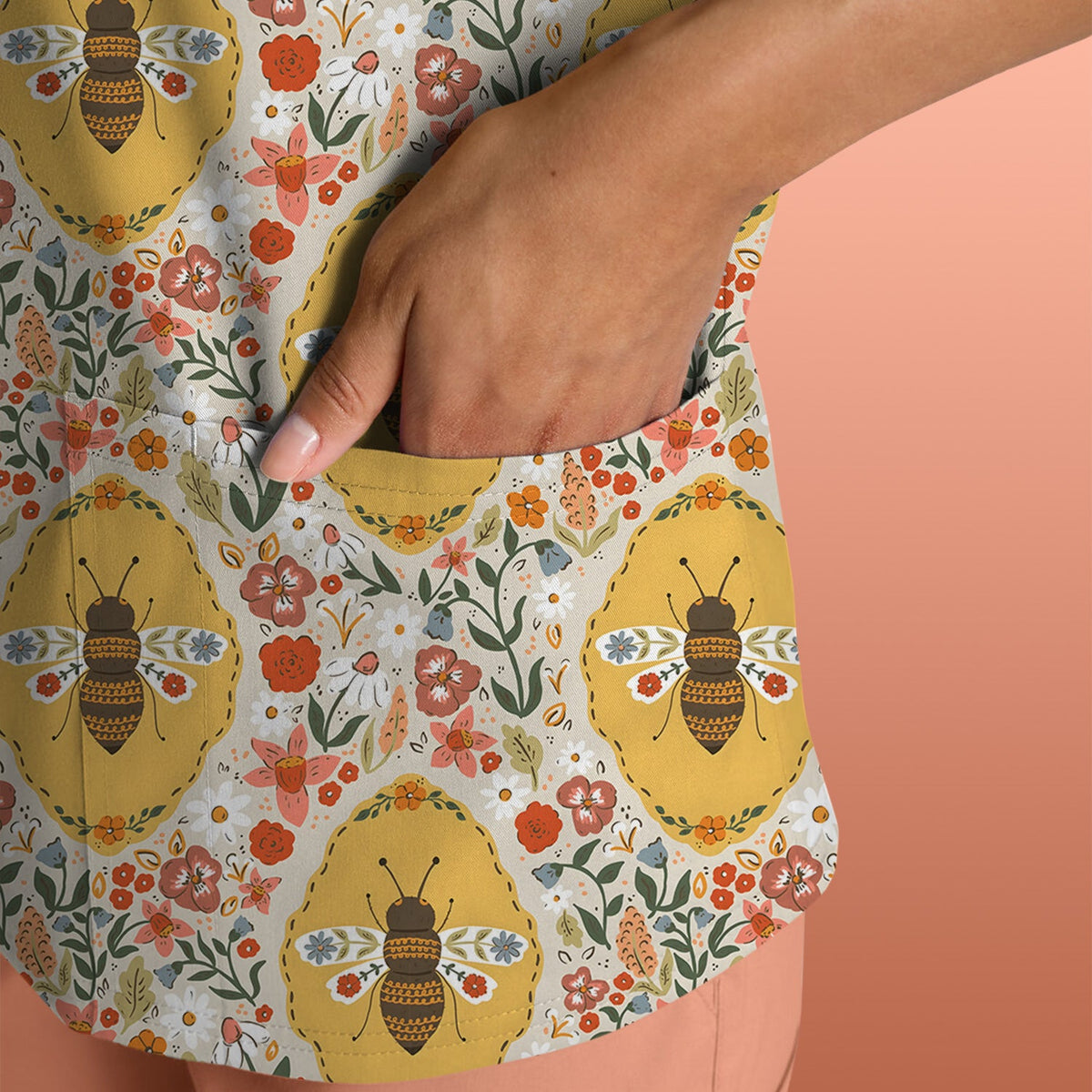 Vintage Honeybee Floral Garden Nurse Scrub Top