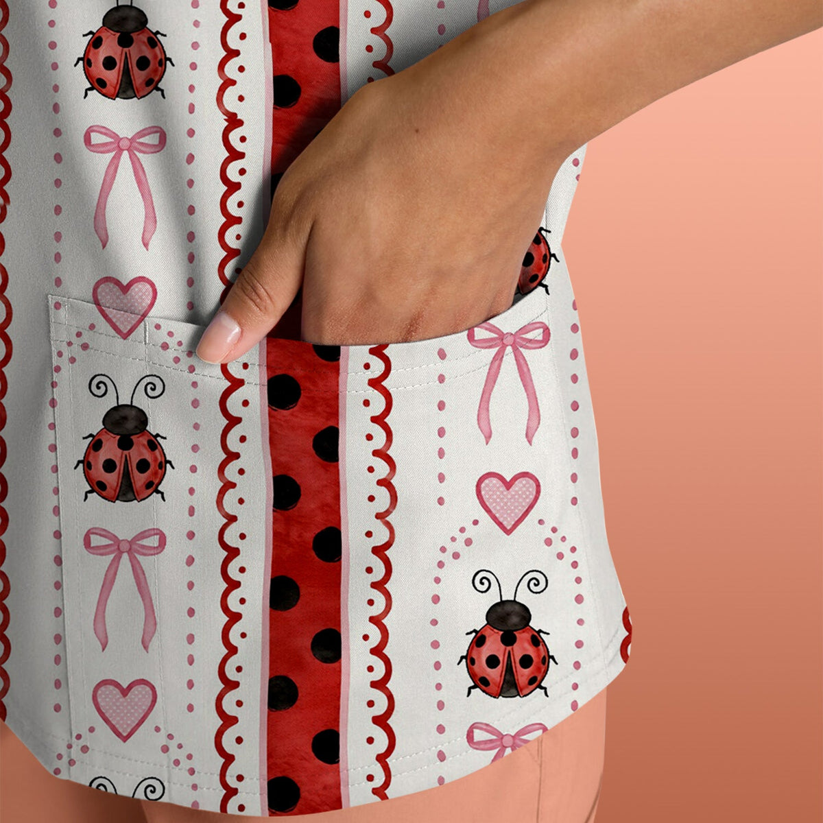 Ladybug Heart Bow Stripe Nurse Scrub Top