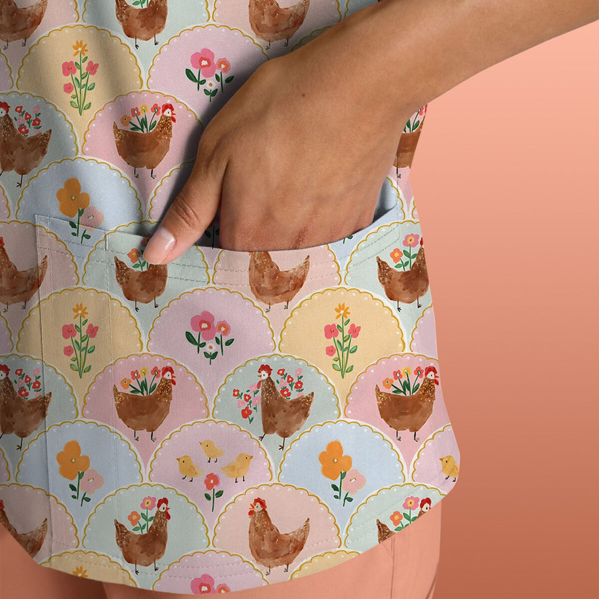 Pastel Chicken Floral Nurse Scrub Top