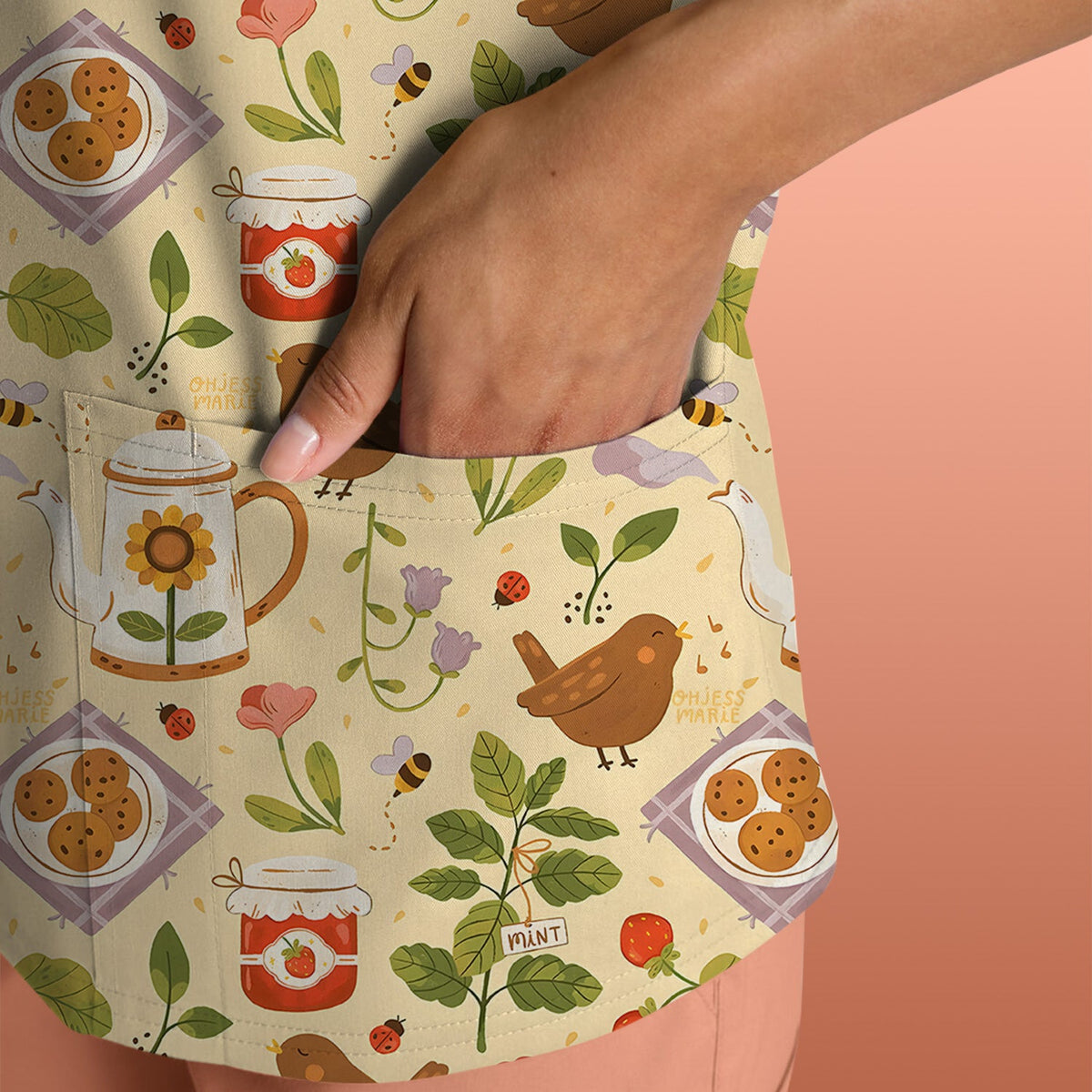 Garden Tea Bird Strawberry Nurse Scrub Top