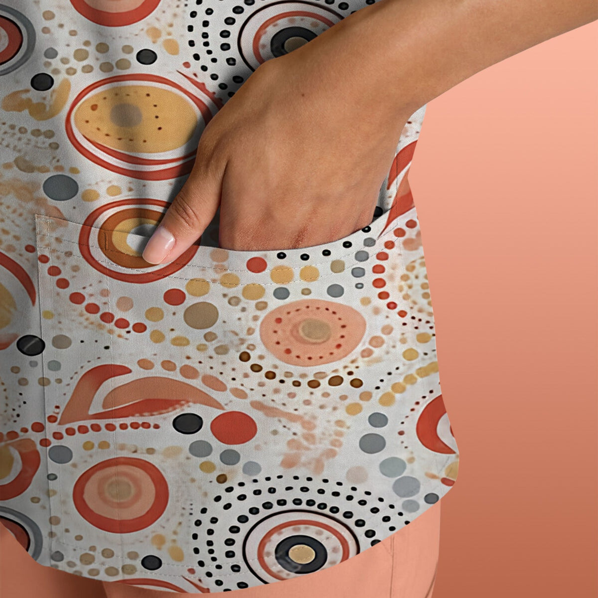 Abstract Earth Tone Dot Circle Nurse Scrub Top
