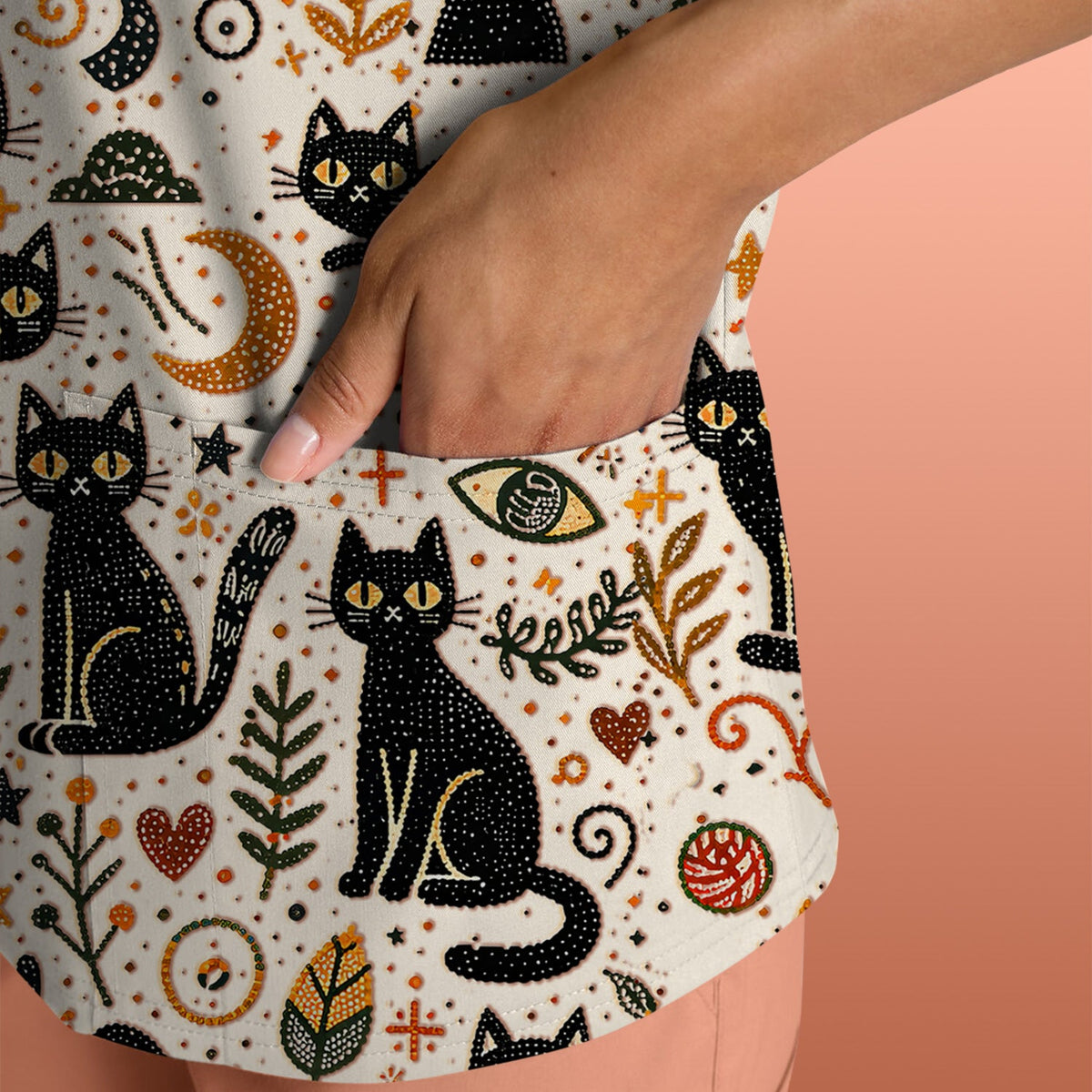 Mystic Black Cat Celestial Doodle Pattern Scrub Top, Comfortable Scrubs for Nurses