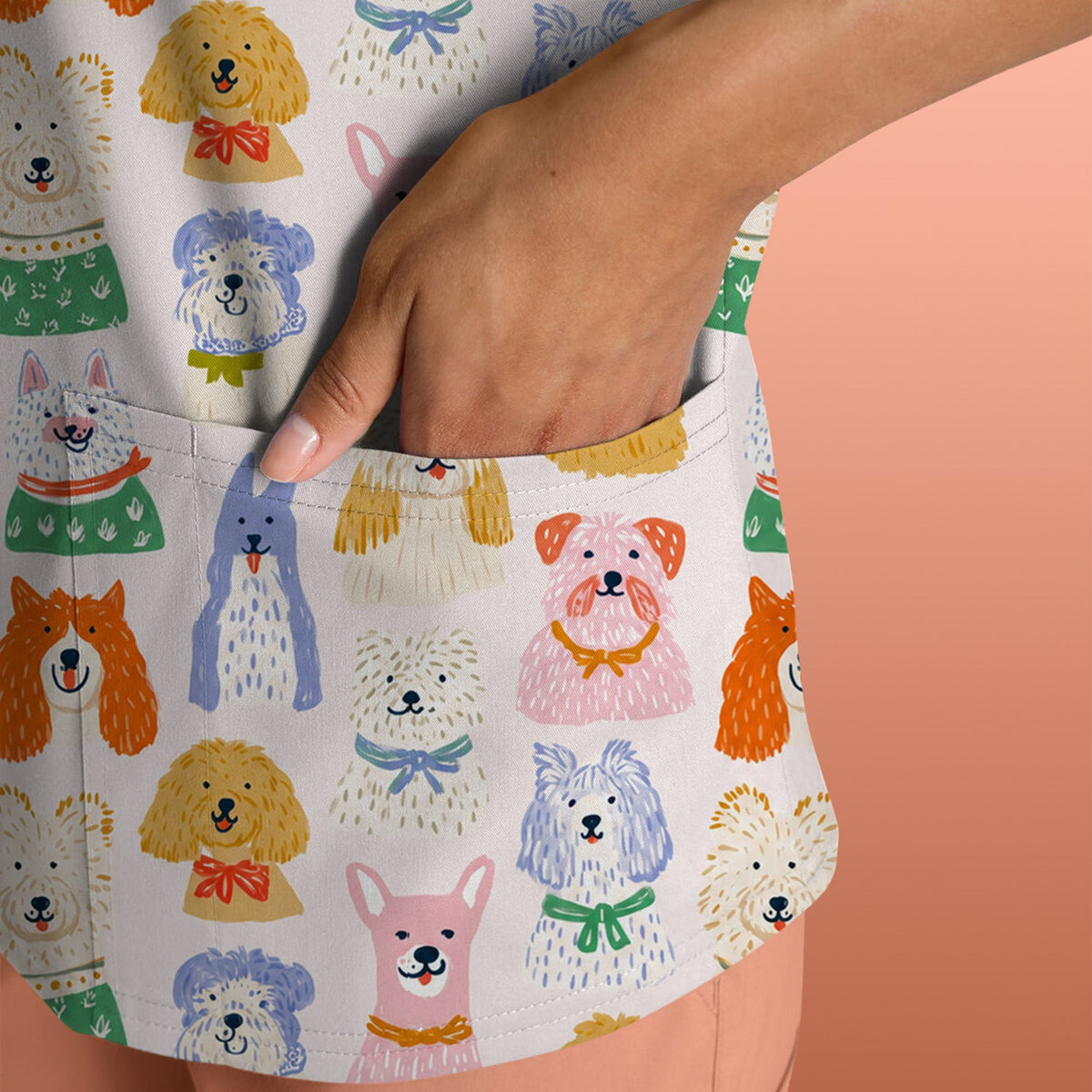 Colorful Dog Faces Cartoon Nurse Scrub Top