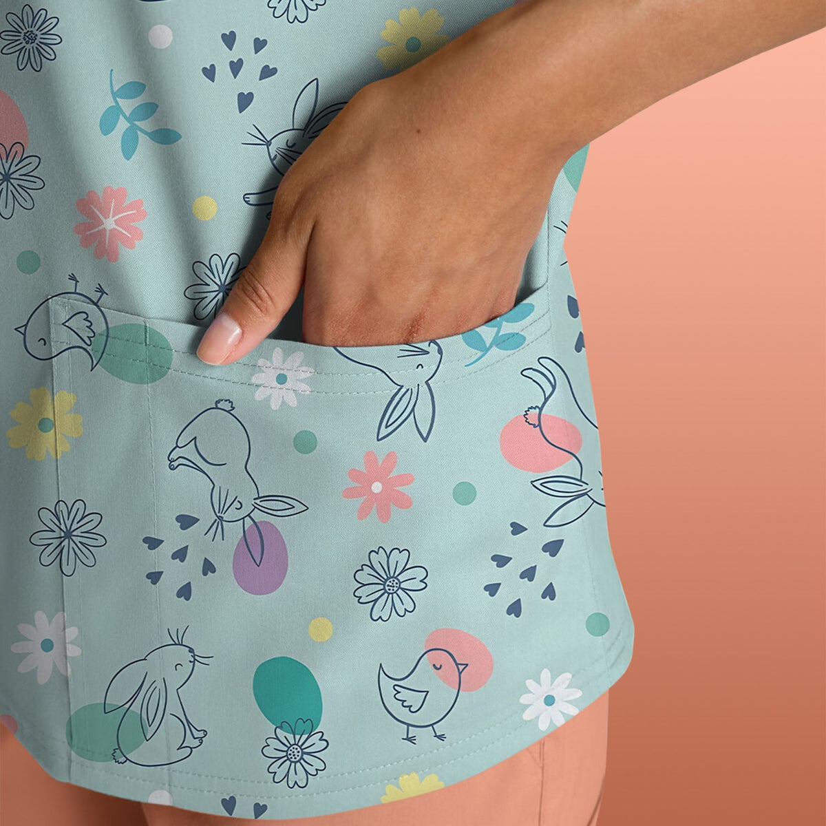 Whimsical Easter Bunny Eggs Nurse Scrub Top
