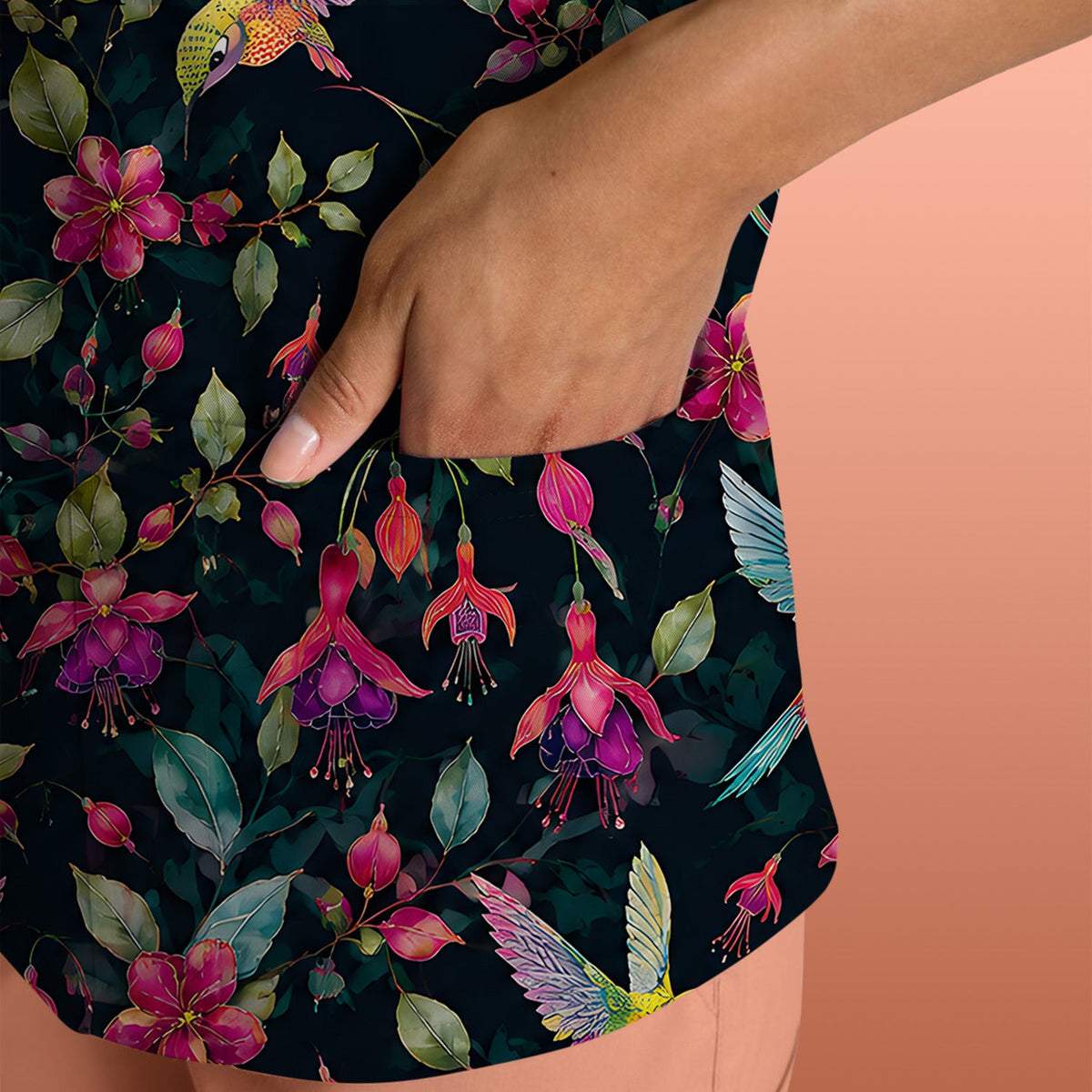Hummingbird Fuchsia Bloom Nurse Scrub Top