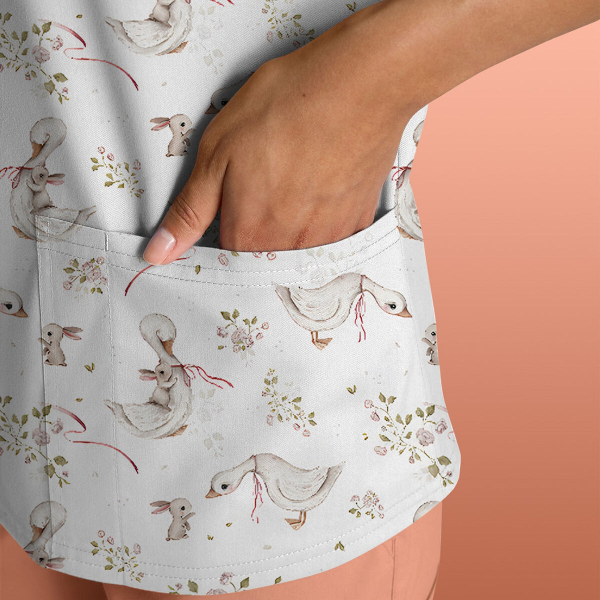 Duck Bunny Floral Nurse Scrub Top - Easter Gift