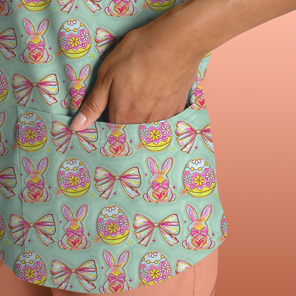 Bunny Pastel Egg Bow Nurse Scrub Top - Easter Gift