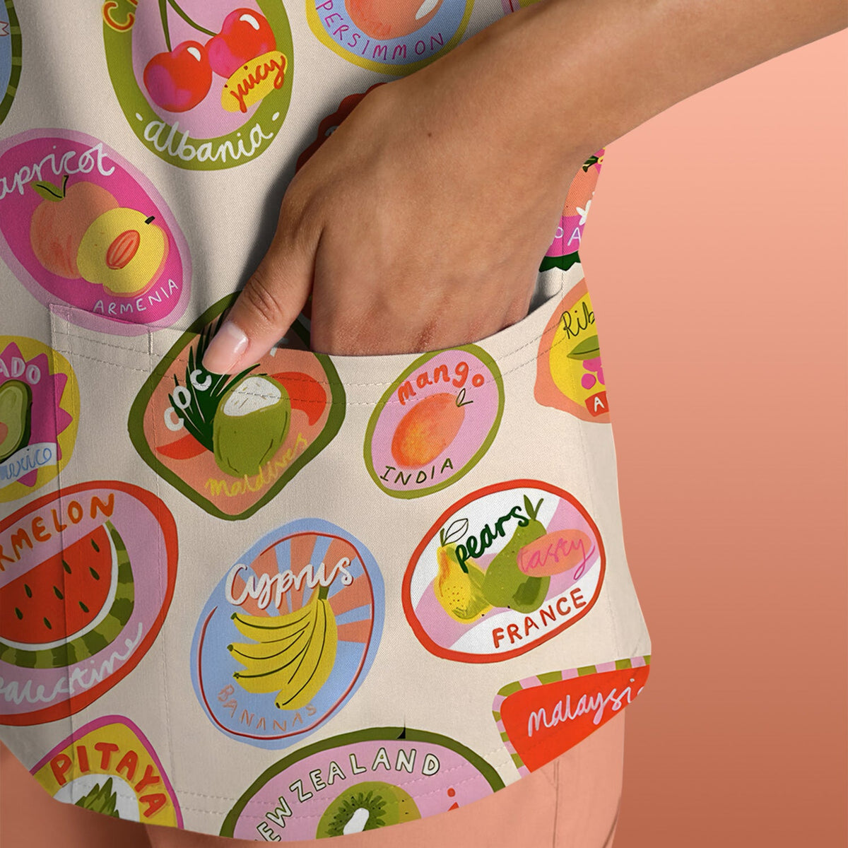 Summer Colorful Fruit Sticker Nurse Scrub Top