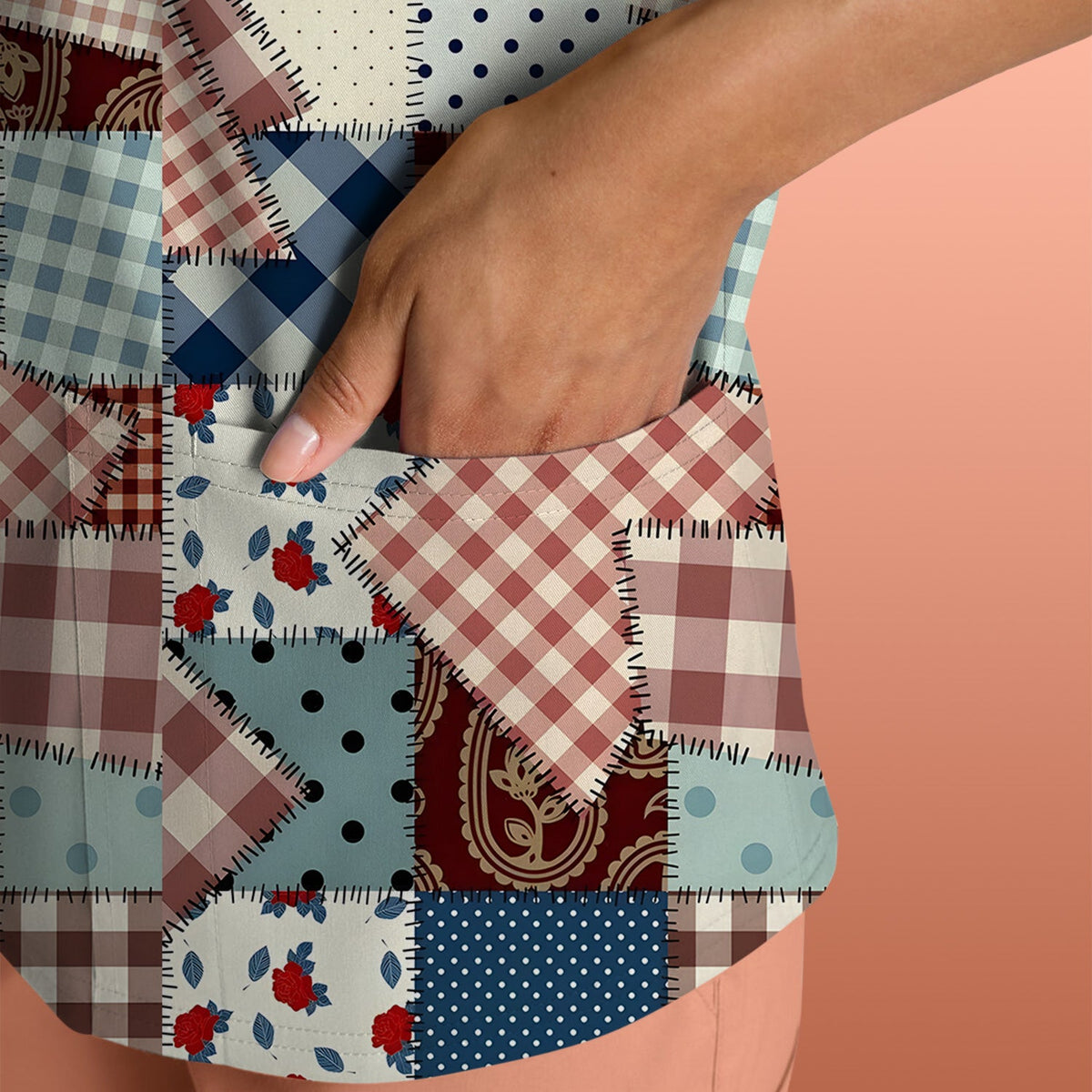 Retro Patchwork Plaid Quilt Nurse Scrub Top