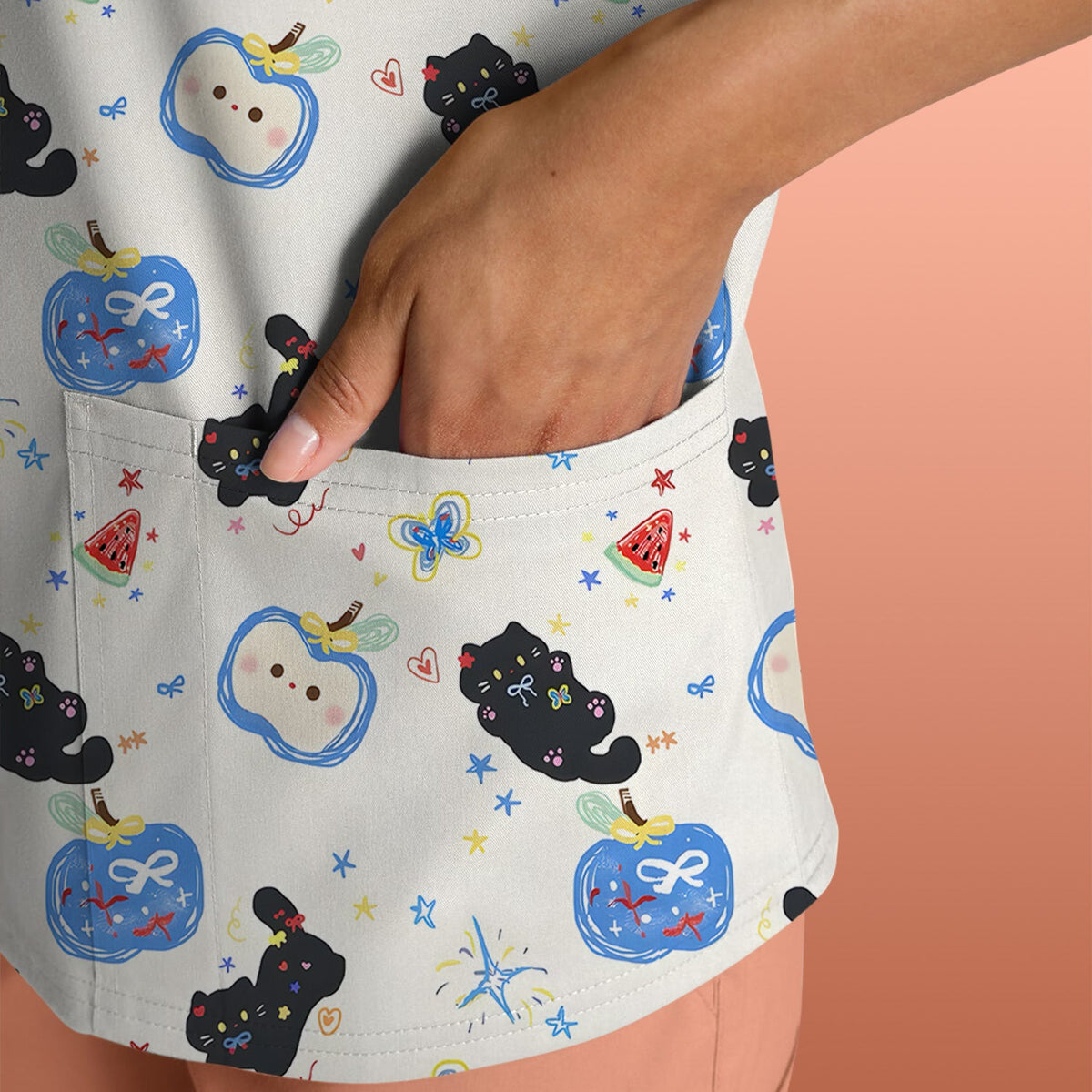 Cute Black Cat Apple Nurse Scrub Top