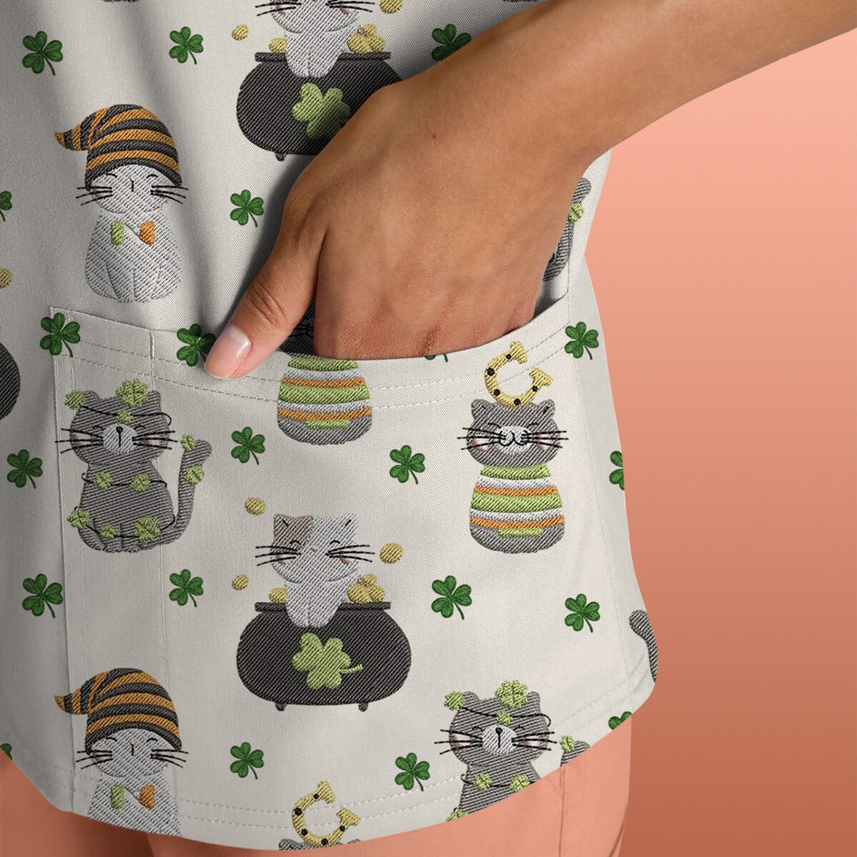 St Patrick Lucky Cat Shamrock Nurse Scrub Top