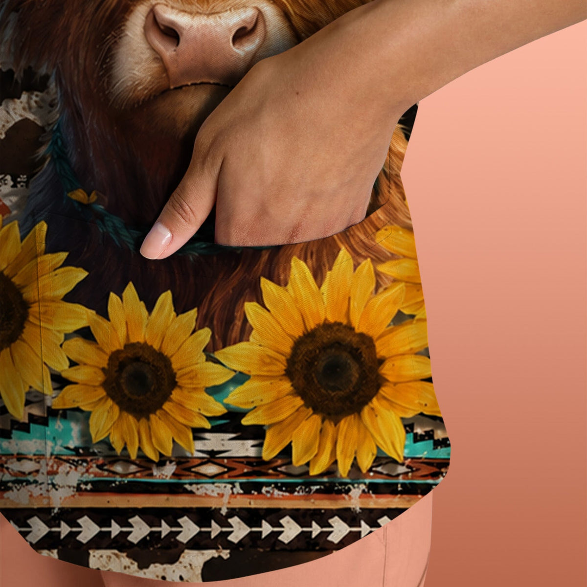Western Highland Cow Sunflowers Nurse Scrub Top