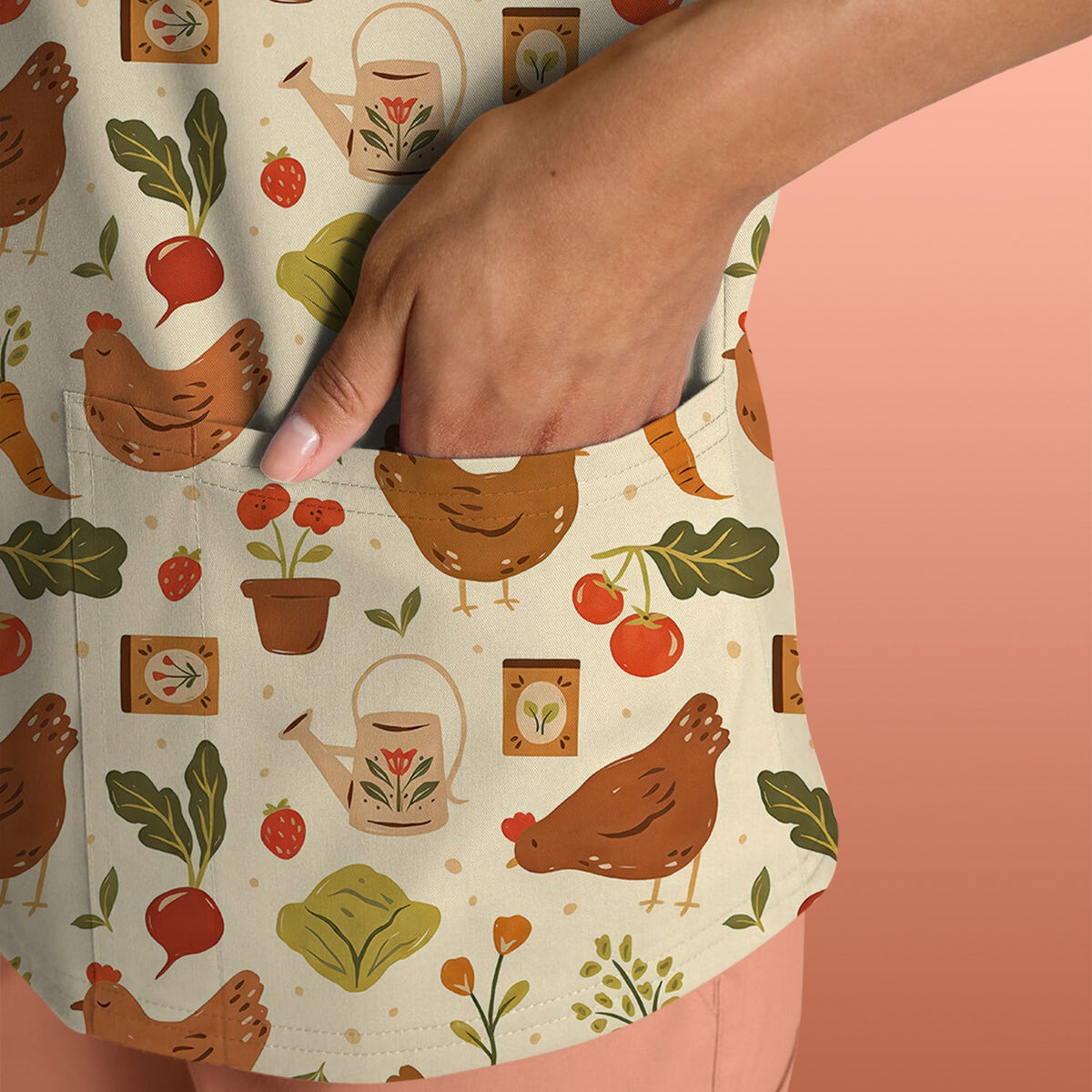 Rustic Farm Chicken Vegetable Nurse Scrub Top