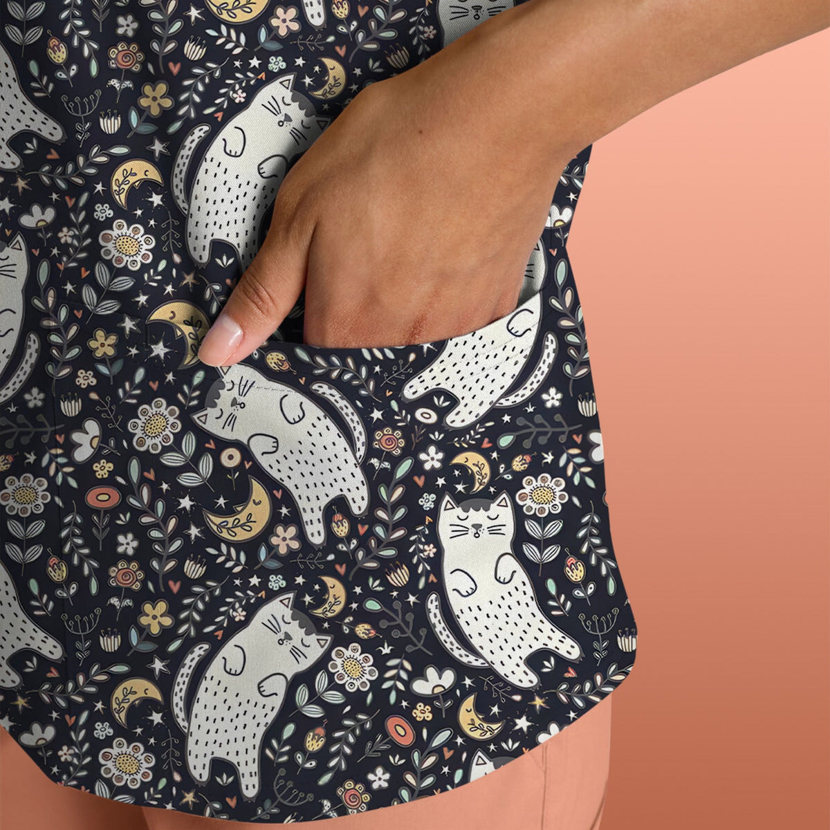 Moonlit Floral Cat Nurse Scrub Top