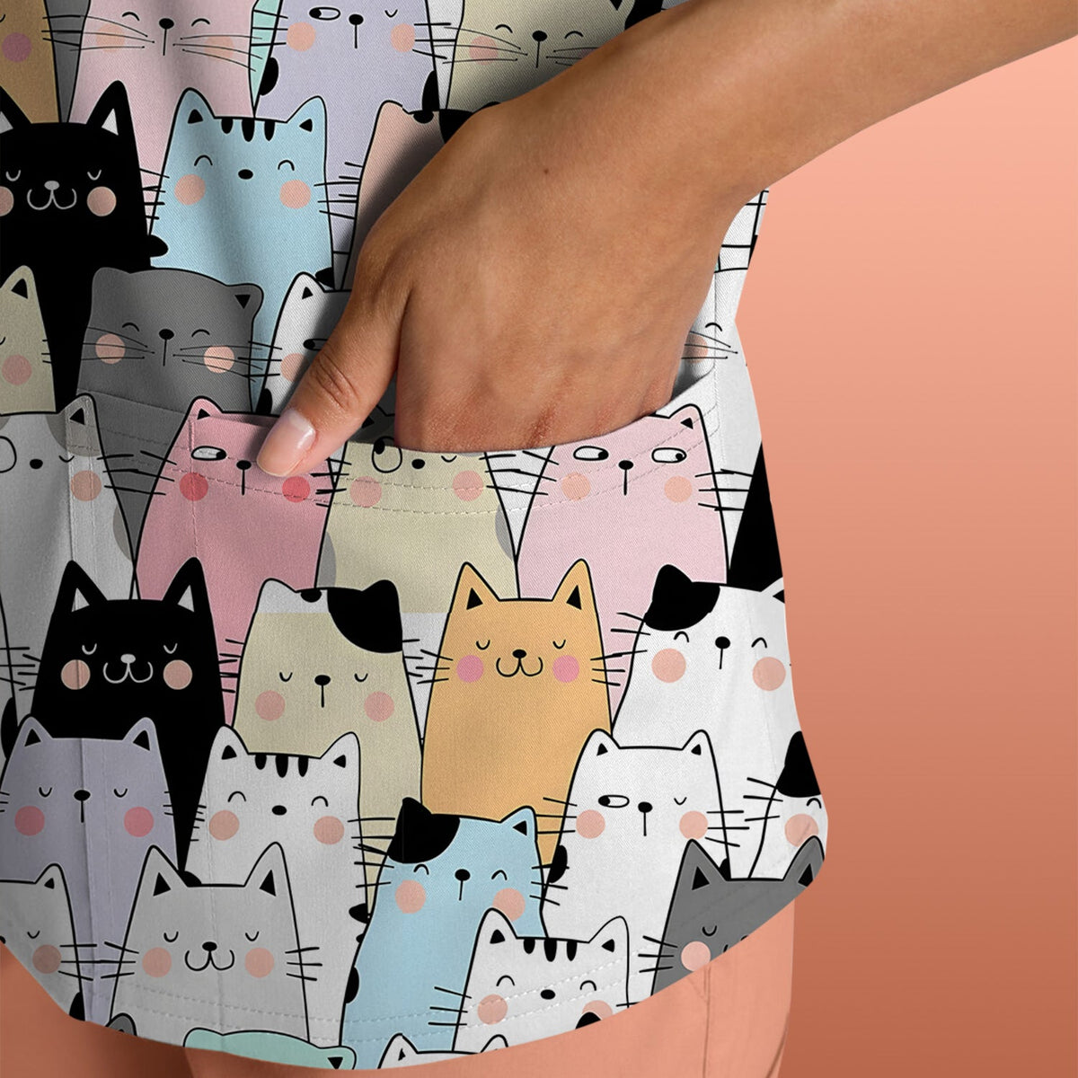 Cartoon Cat Crowd Nurse Scrub Top