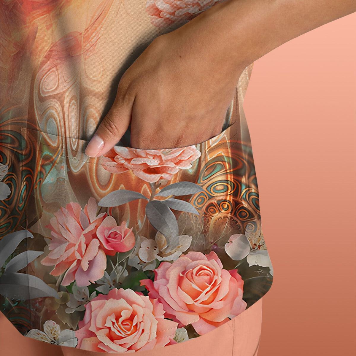Elegant Peach Marble Rose Nurse Scrub Top