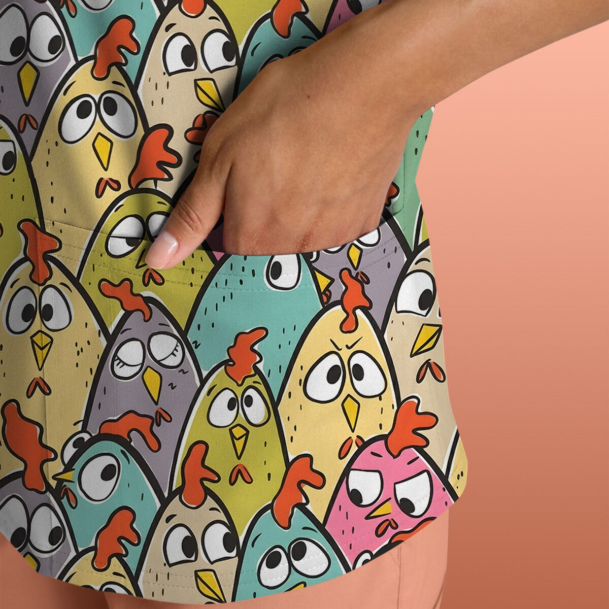 Cartoon Chicken Crowd Nurse Scrub Top