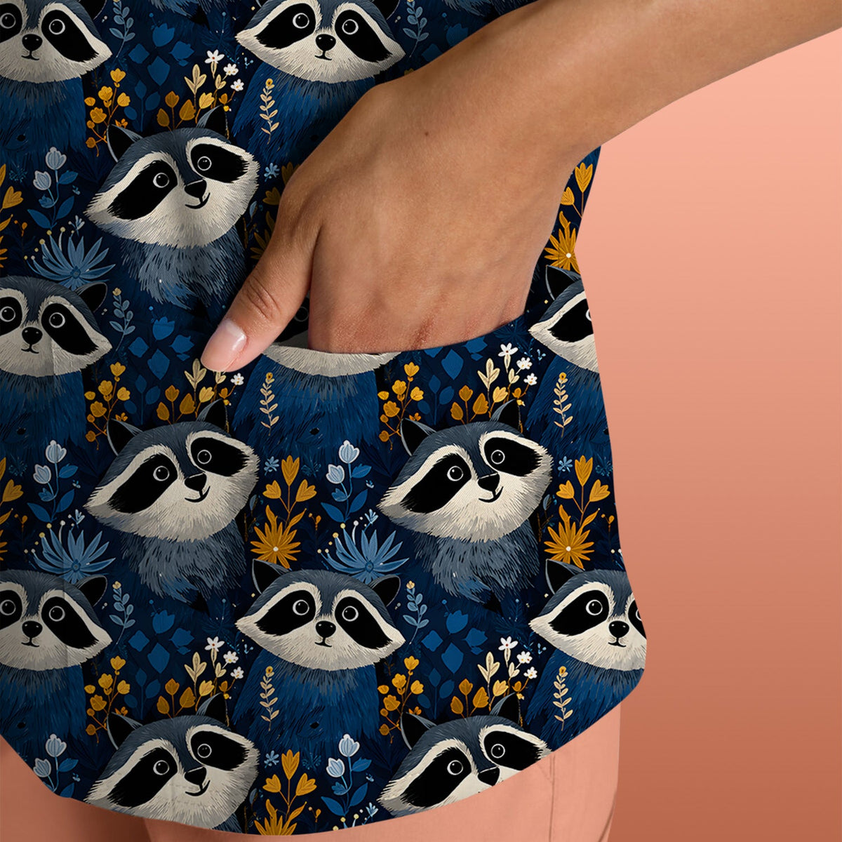 Raccoon Blue Floral Forest Nurse Scrub Top