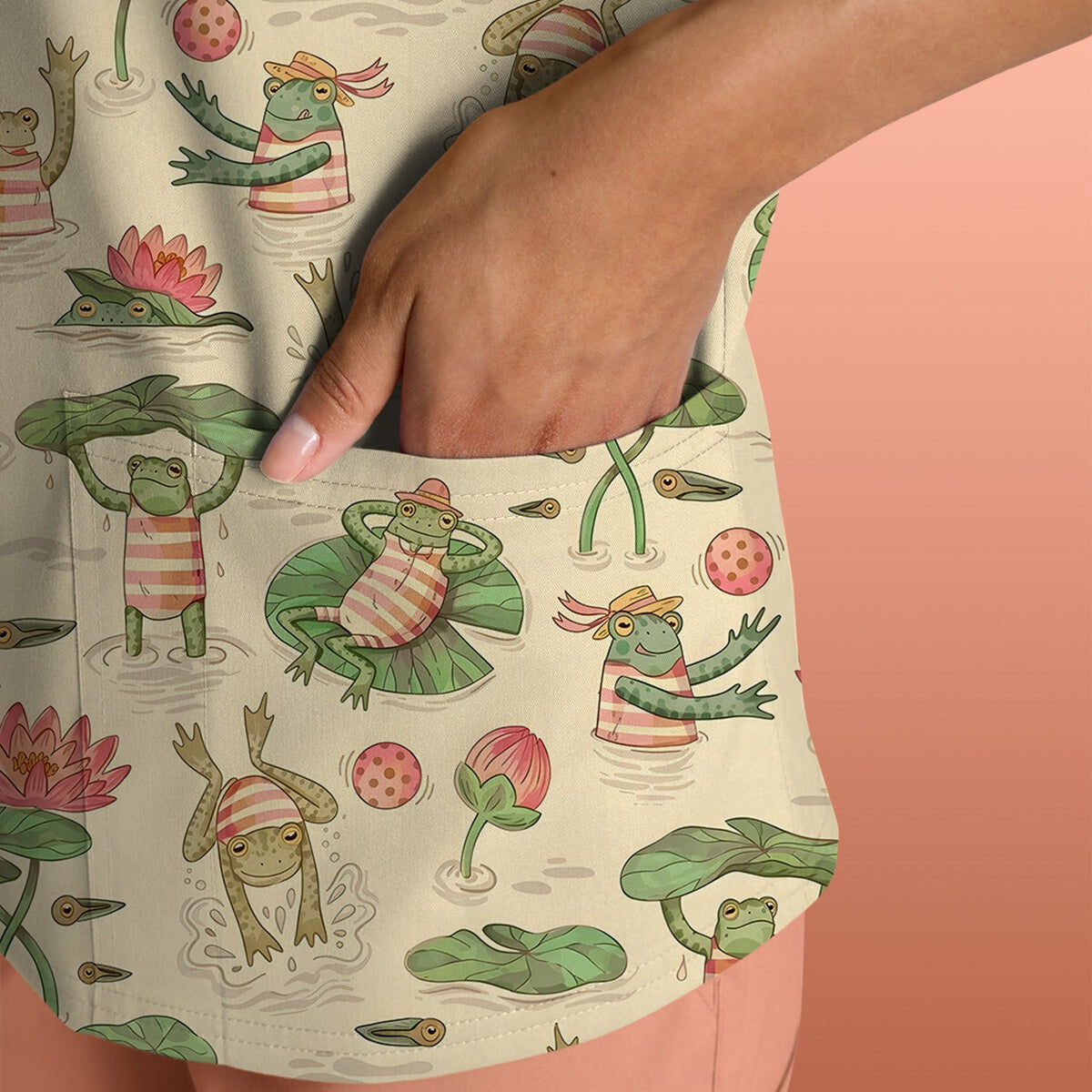 Frogs Swimming Lily Pond Nurse Scrub Top
