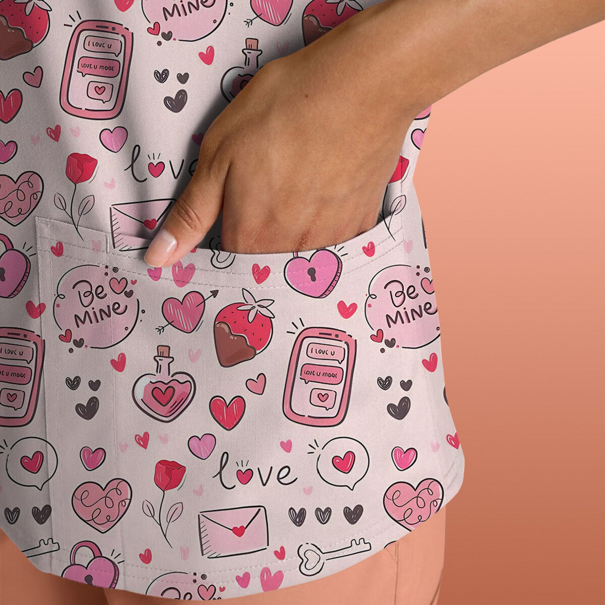 Be Mine Pink Heart Valentine Nurse Scrub Top