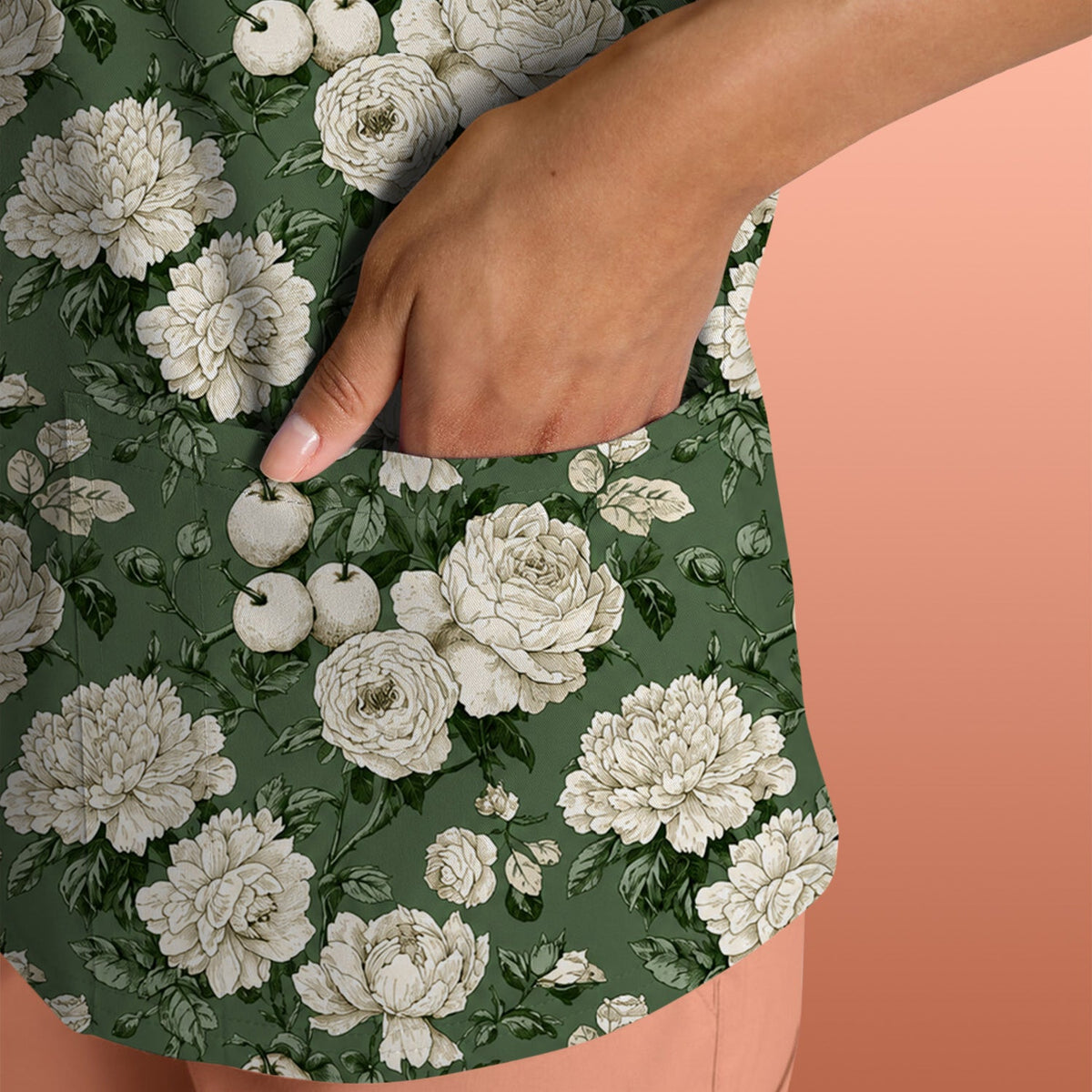 Elegant White Rose Garden Nurse Scrub Top