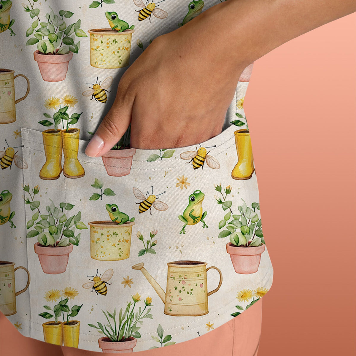 Frog And Bee Garden Nurse Scrub Top