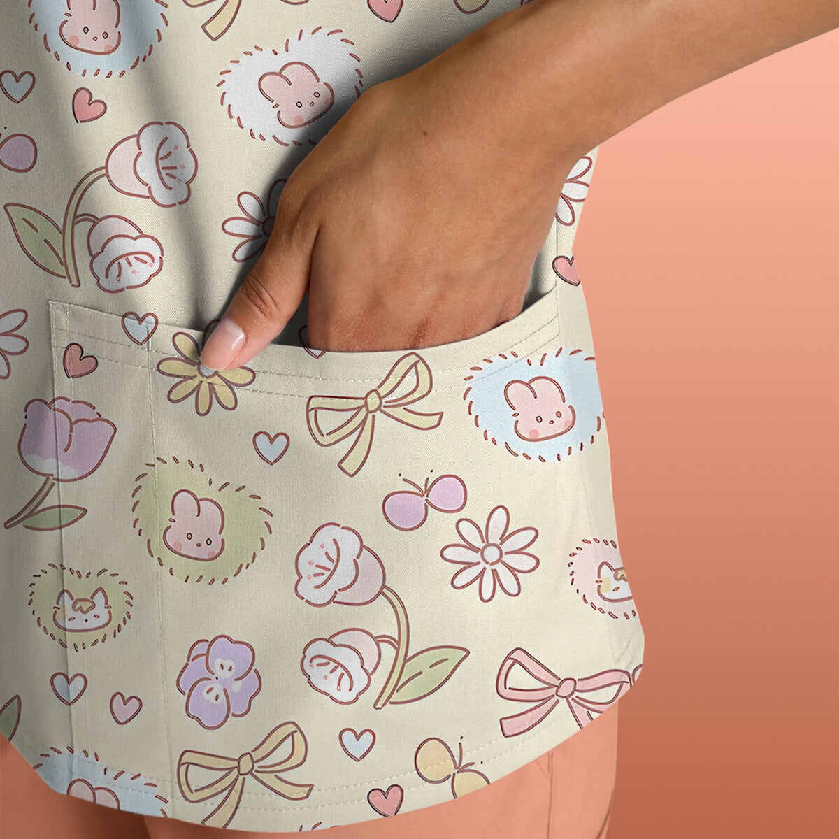 Pastel Bunny Flower Heart Nurse Scrub Top