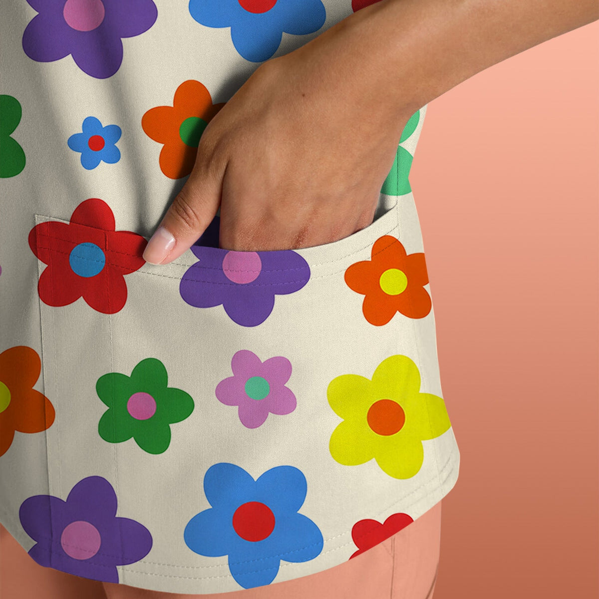 Colorful Retro Flower Nurse Scrub Top