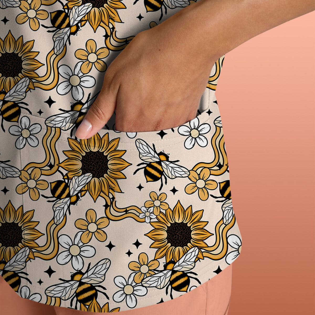 Sunflower Honey Bee Floral Nurse Scrub Top