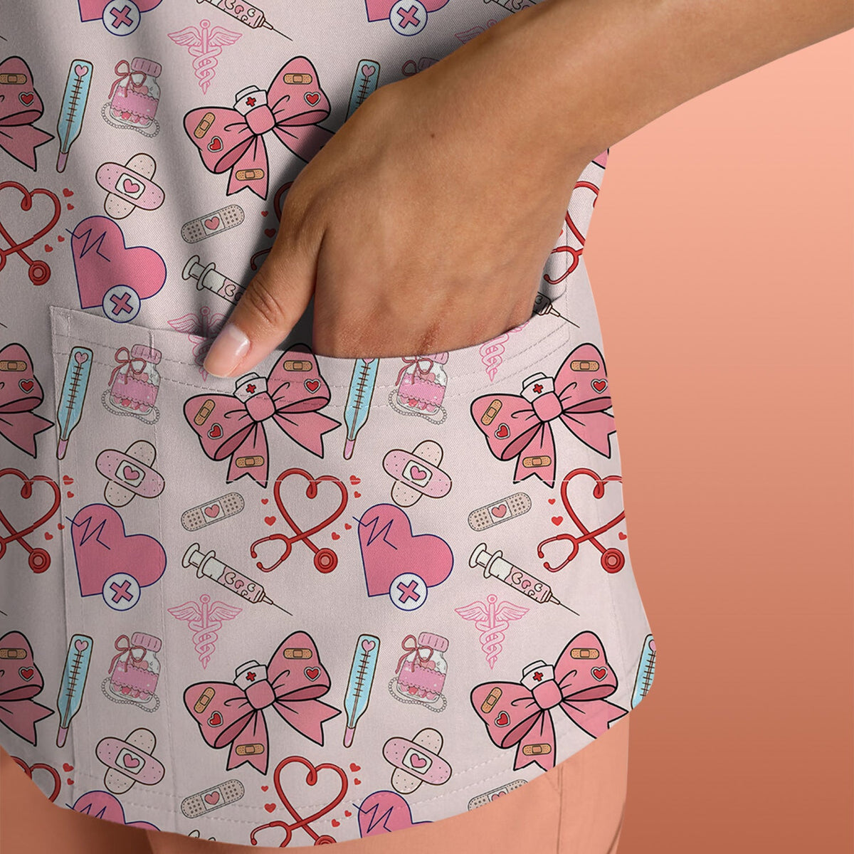Pink Nurse Bow Heart Scrub Top