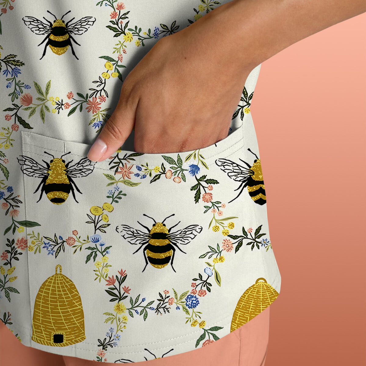 Honey Bee Beehive Floral Nurse Scrub Top
