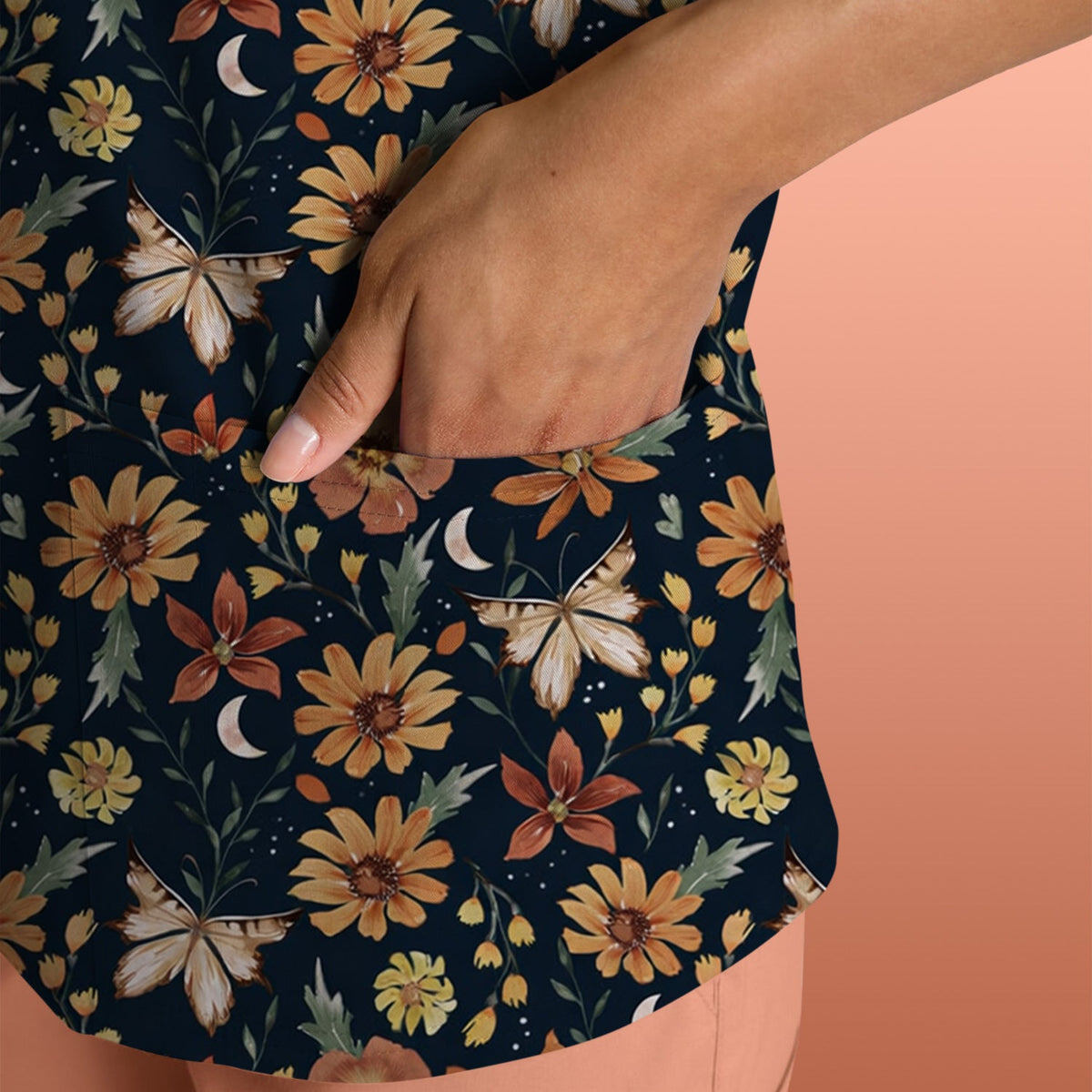 Autumn Floral Butterfly Moon Nurse Scrub Top