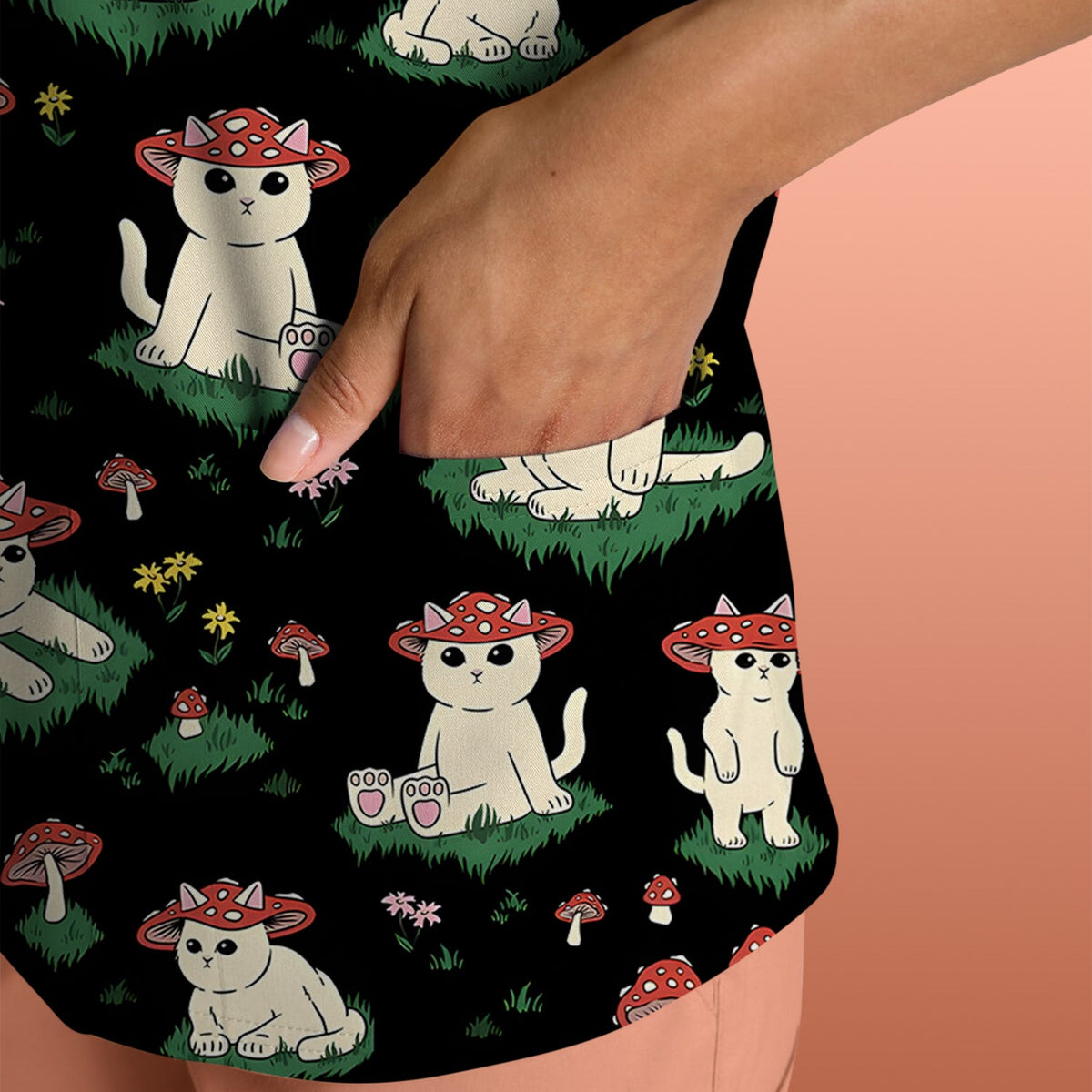 Mushroom Cat Nurse Scrub Top