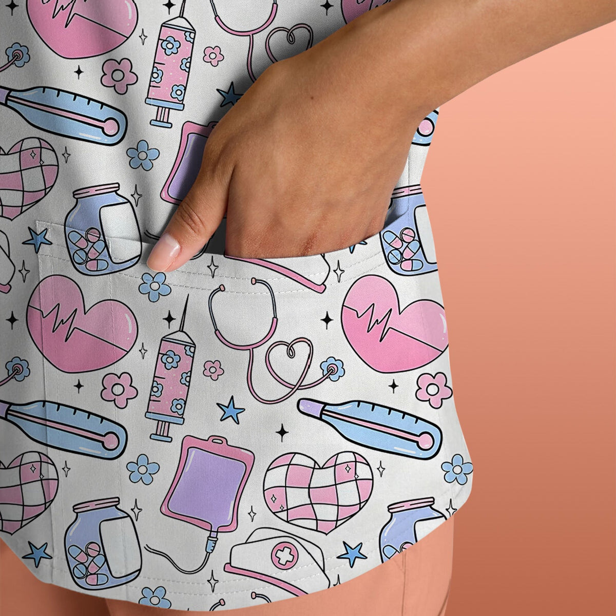 Pastel Medical Icons Nurse Scrub Top