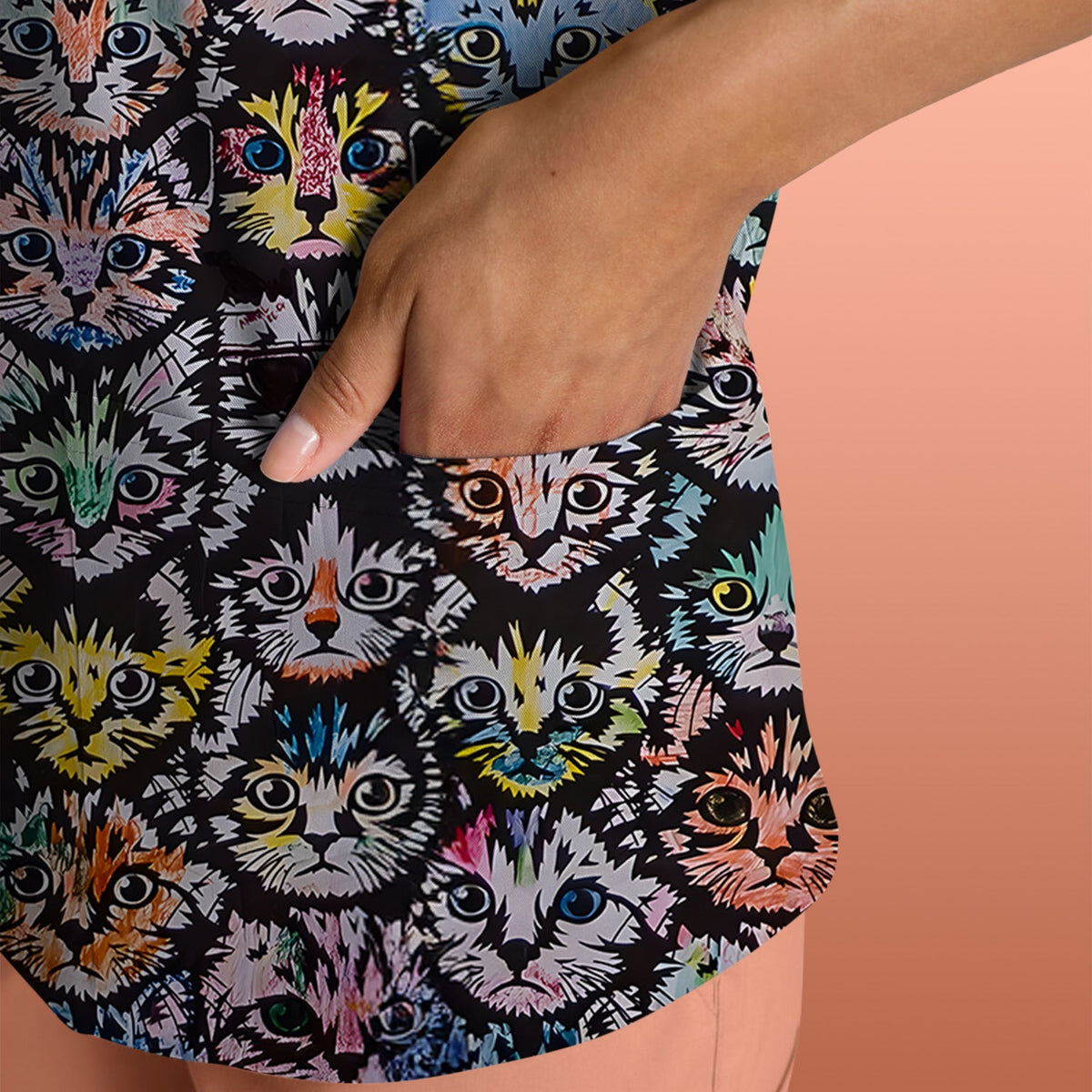 Colorful Cat Faces Nurse Scrub Top