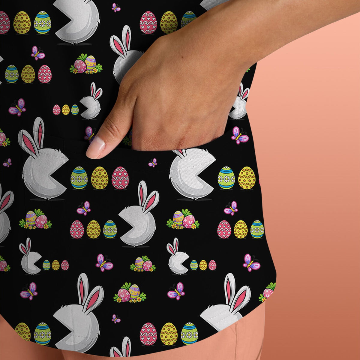 Easter Bunny and Colorful Eggs Print Scrub Top, Breathable Fabrics Nursing Uniform