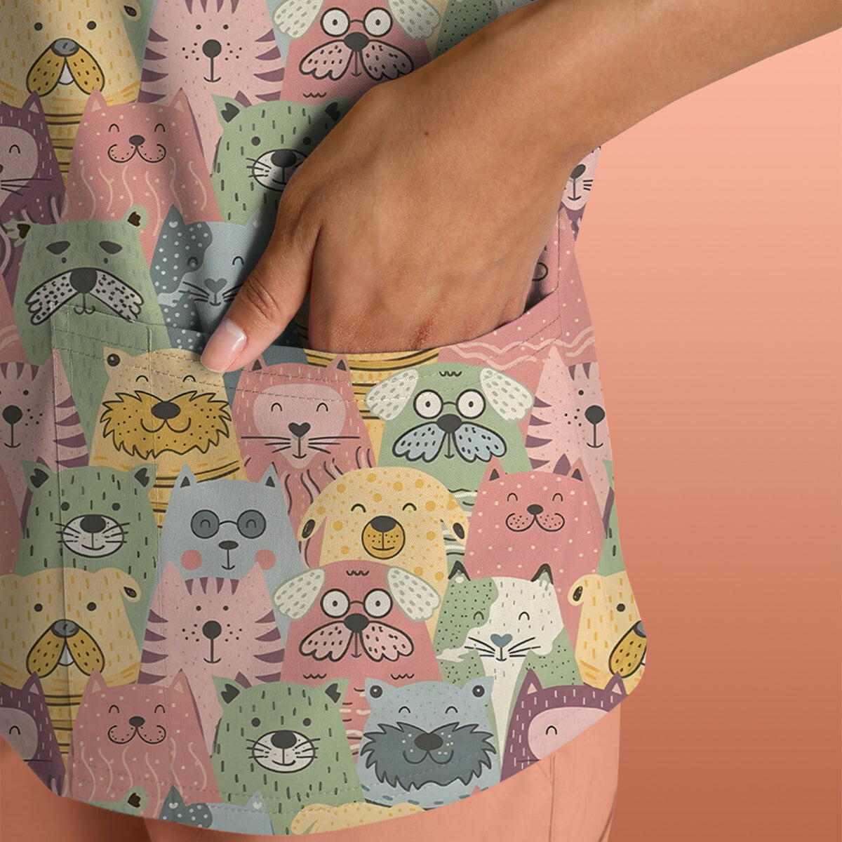 Cartoon Cat And Dog Faces Nurse Scrub Top