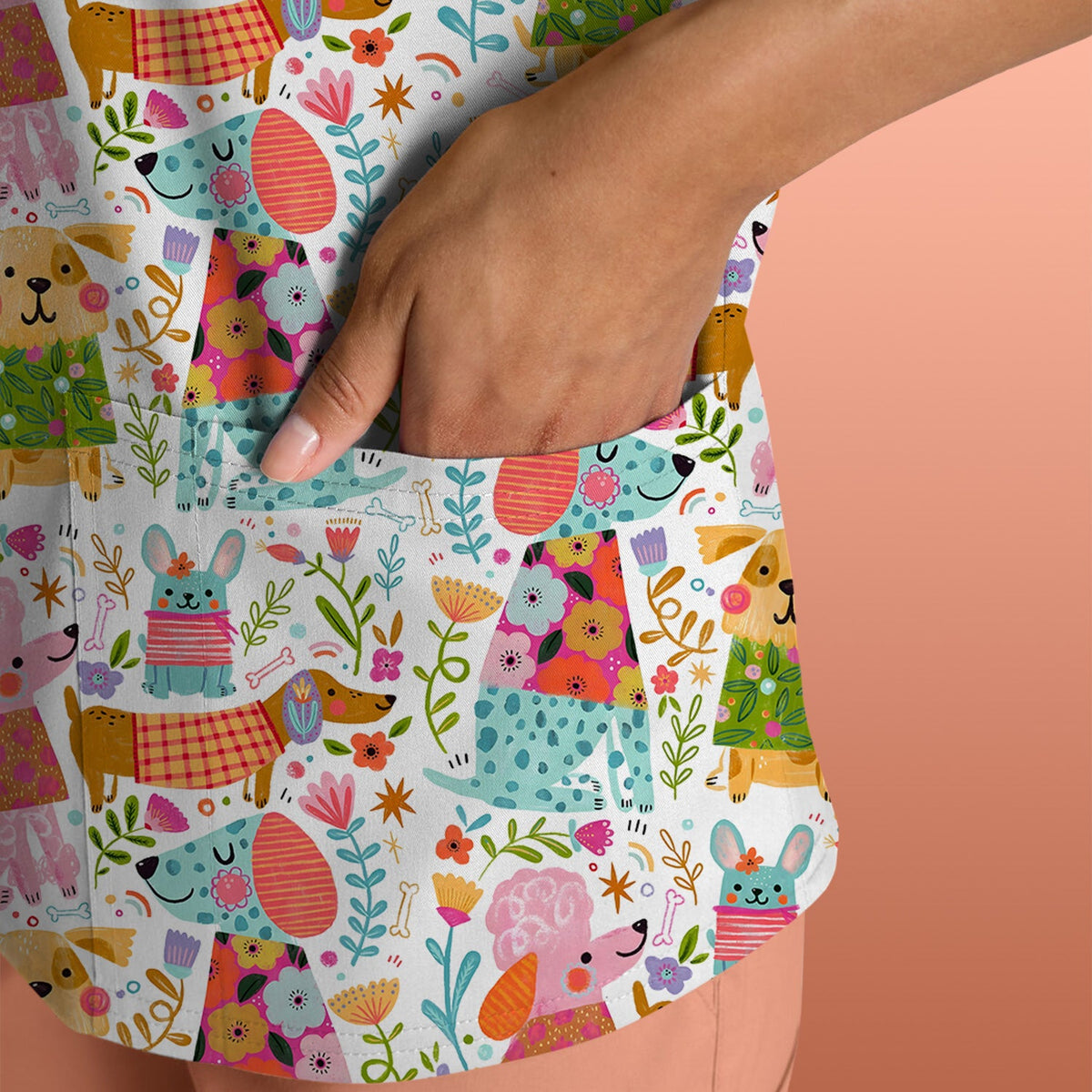Colorful Dog Floral Nurse Scrub Top
