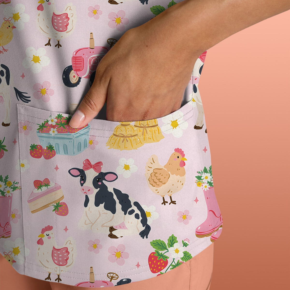 Farm Animals Strawberry Garden Nurse Scrub Top