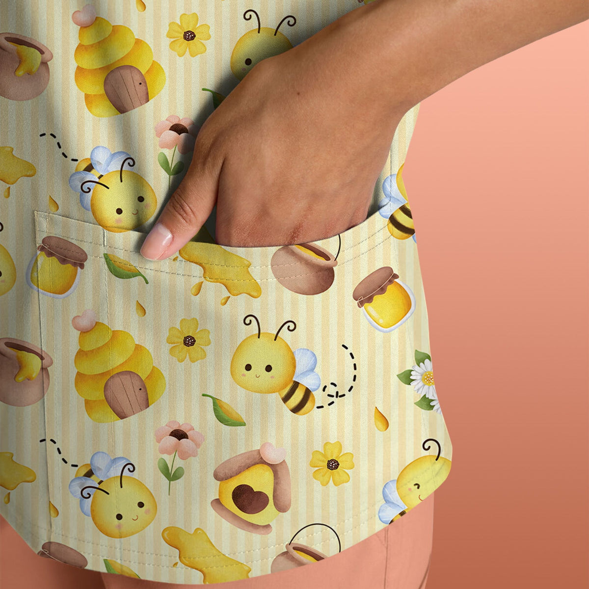 Cute Bee Honey Flower Stripe Nurse Scrub Top