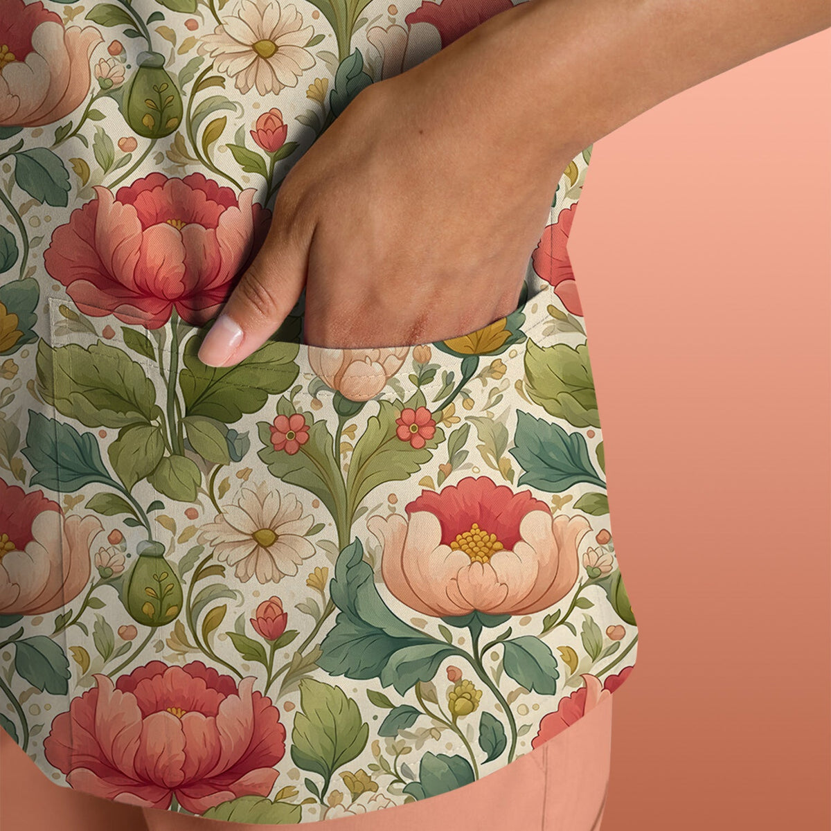 Vintage Botanical Peony Floral Nurse Scrub Top