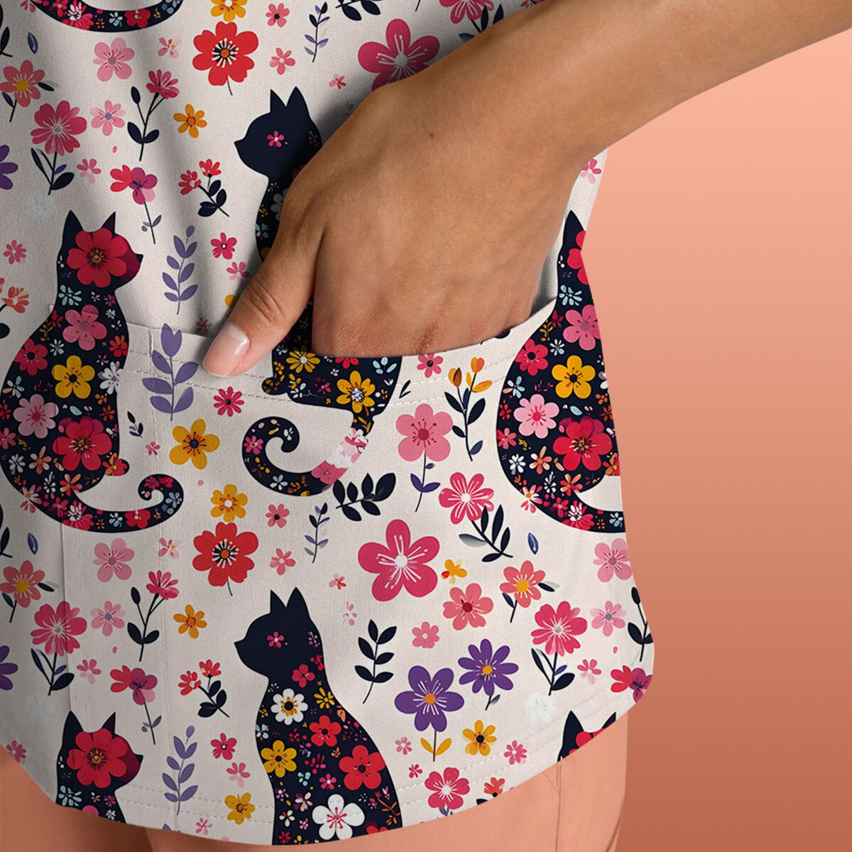 Floral Cat Silhouette Spring Garden Nurse Scrub Top