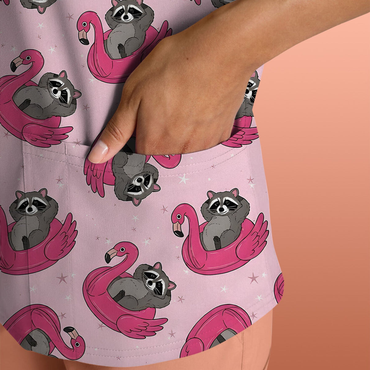 Raccoon Flamingo Float Nurse Scrub Top