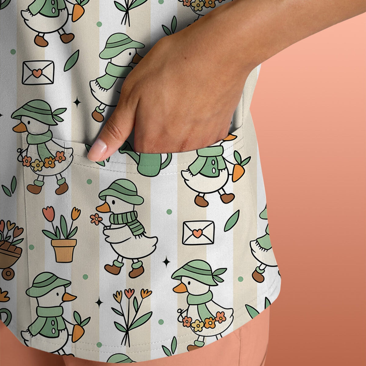 Gardening Duck Floral Nurse Scrub Top