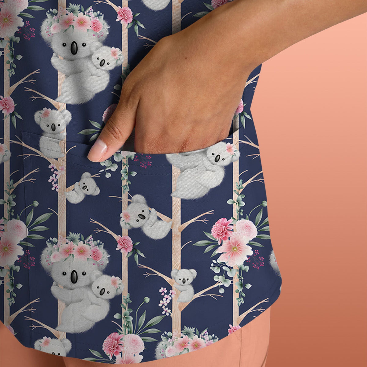 Koala Climbing Tree Blossom Nurse Scrub Top