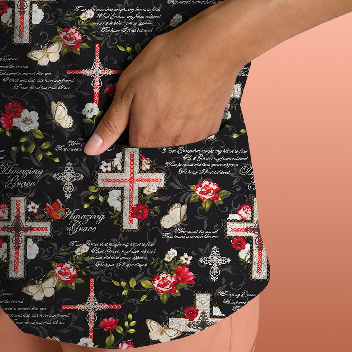 Christian Cross Roses And Butterflies Nurse Scrub Top